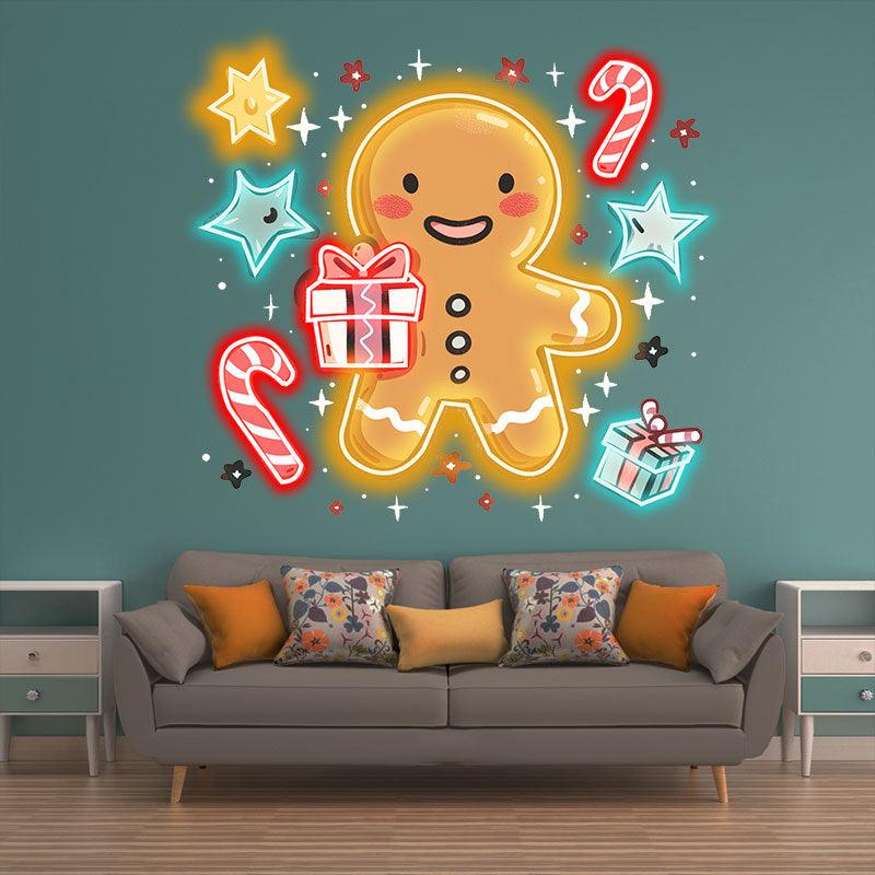 Sparkling Holiday : neon signs Cute Yellow Gingerbread Man with Pentagram and Gifts Fantasy Decoration