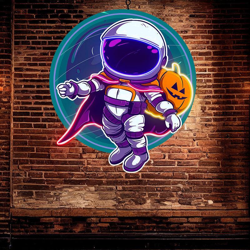 Astronaut and Pumpkin Good Friends LED Neon signs | Blue Glass Bubble Background Decoration Light | Creative Home Night Lights