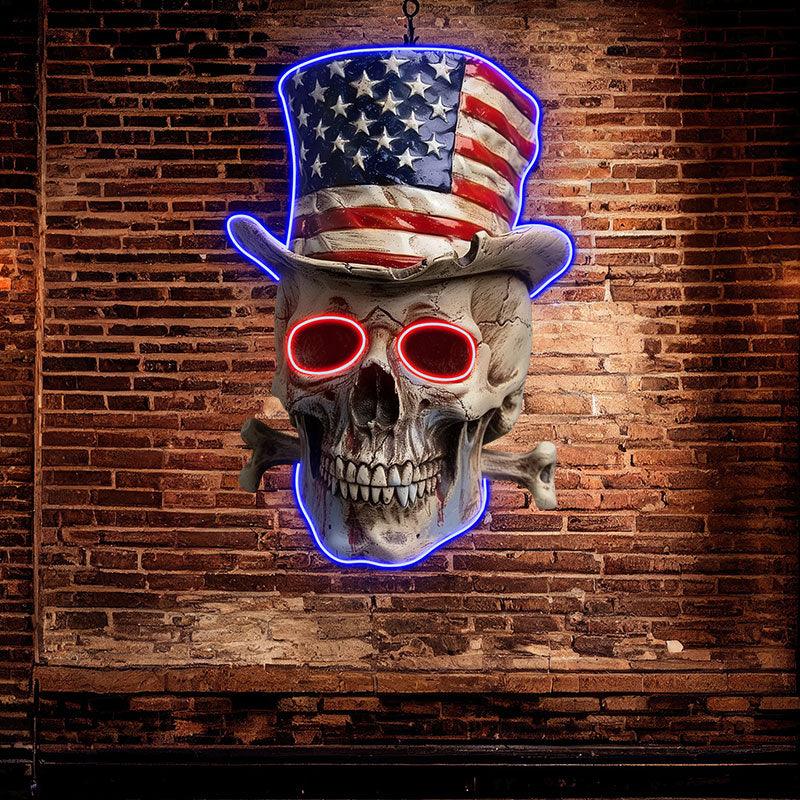 Patriotic Skull Wearing an American Flag Hat: neon signs A Bold and Unique Decoration!