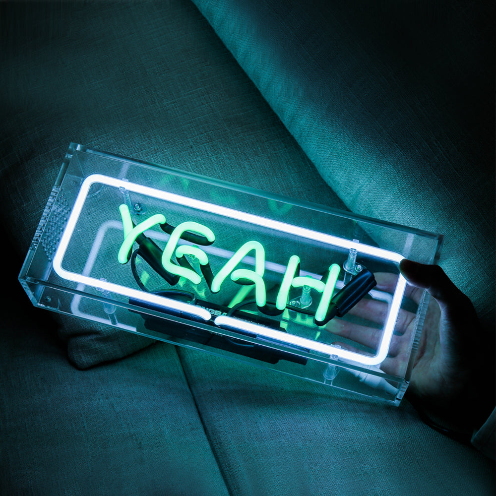 "YEAH" neon sign with green lighting,table standing glass neon tube sign box