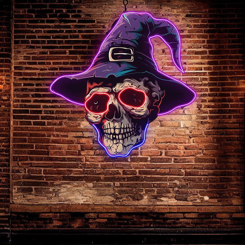 Spooky Skeleton in Wizard Hat and Glasses: Neon signs Halloween Decor for a Magical Touch!