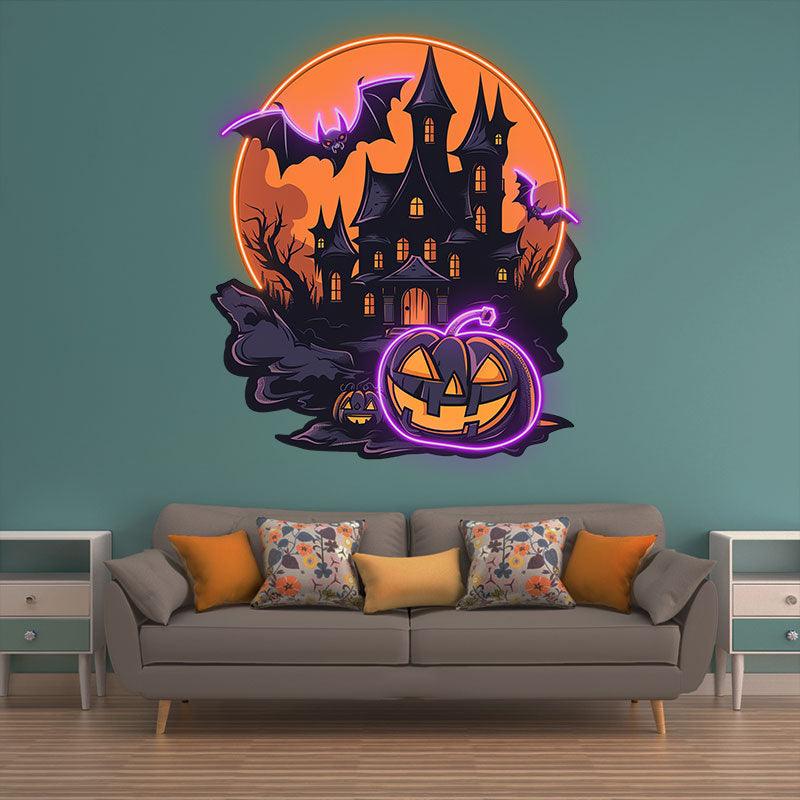 Dark Castle Halloween Neon signs Light | Spooky Moonlit Scene with Bats and Jack-o’-Lanterns Decoration