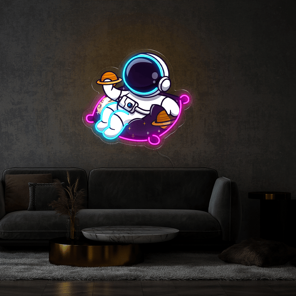 Cute Astronaut Holding Planet Artwork Led Neon Sign