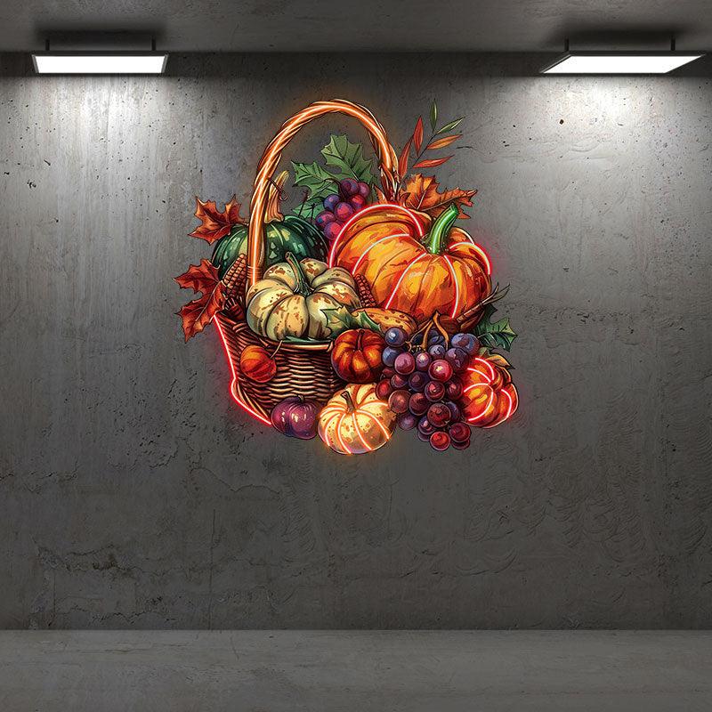 Thanksgiving Harvest Basket:neon signs a cozy combination of pumpkins, grapes and maple leaves