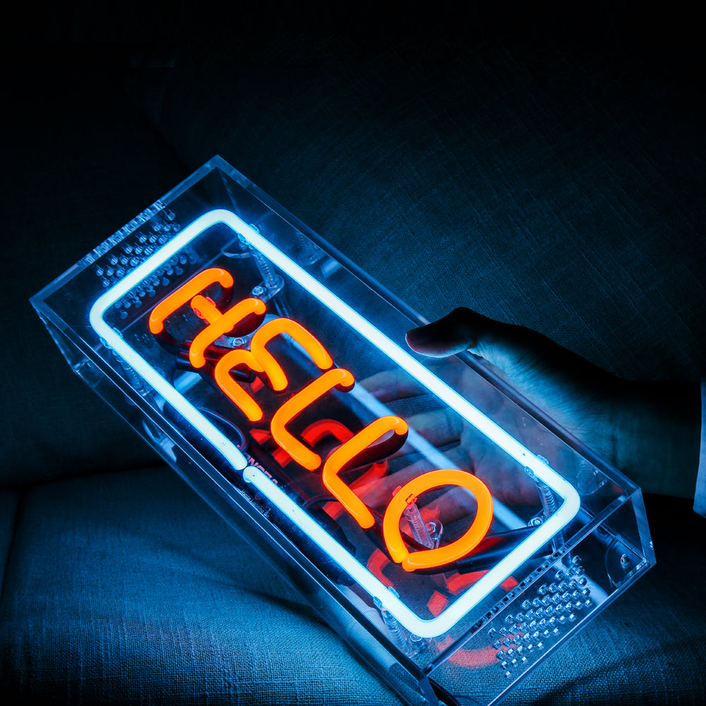 "HELLO" neon sign for bar,table standing glass neon tube sign box