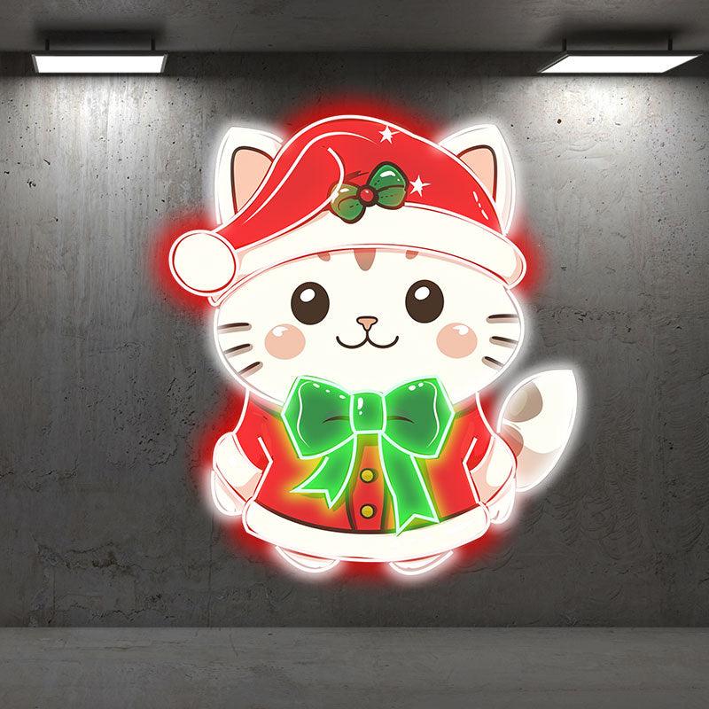 Cute Christmas cat neon signs: wearing a red dress and a green bow tie, bringing holiday joy and coziness