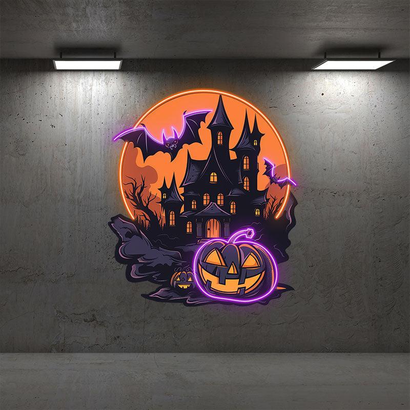 Dark Castle Halloween Neon signs Light | Spooky Moonlit Scene with Bats and Jack-o’-Lanterns Decoration