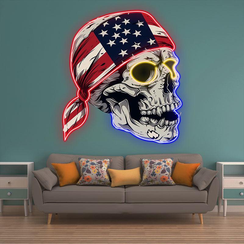 Side View Neon signs Light of a Skull Wearing an American Flag Bandana: A Spooky and Patriotic Decor!