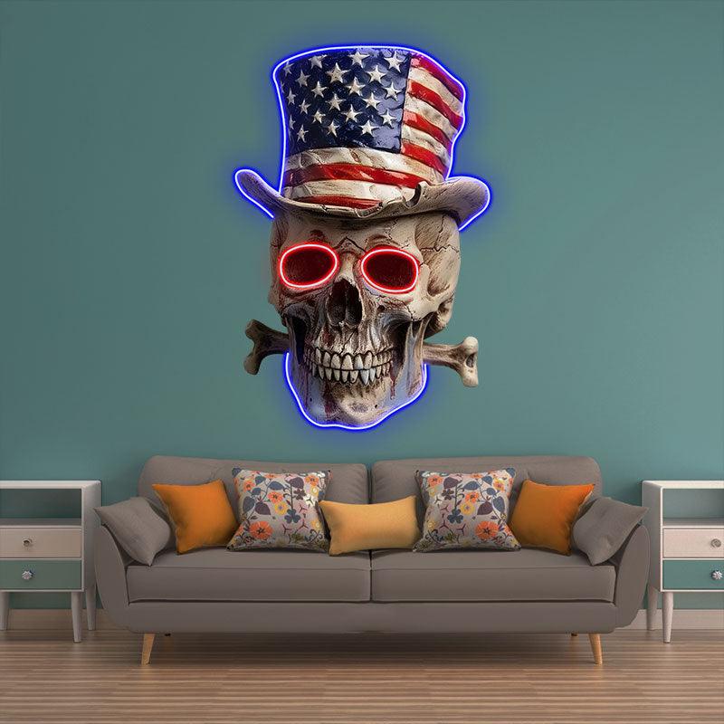 Patriotic Skull Wearing an American Flag Hat: neon signs A Bold and Unique Decoration!