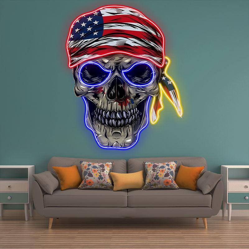 Patriotic Skull Halloween Neon signs Light with American Flag Bandana – Spooky & Festive Decor!