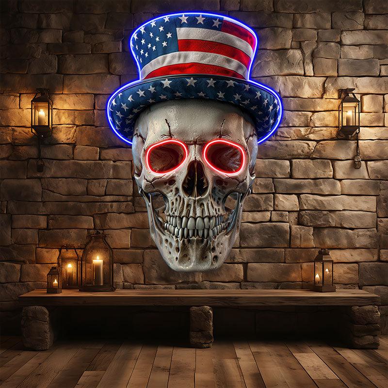 Smiling Skull with American Flag Hat and Glasses: neon signs A Fun and Patriotic Decor!