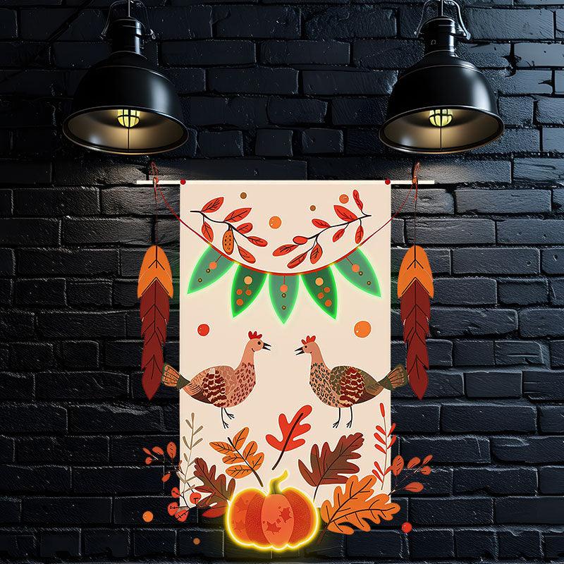 Thanksgiving Tinsel neon signs- Two Turkeys in Love, Surrounded by the Cozy Vibe of Pumpkins and Maple Leaves