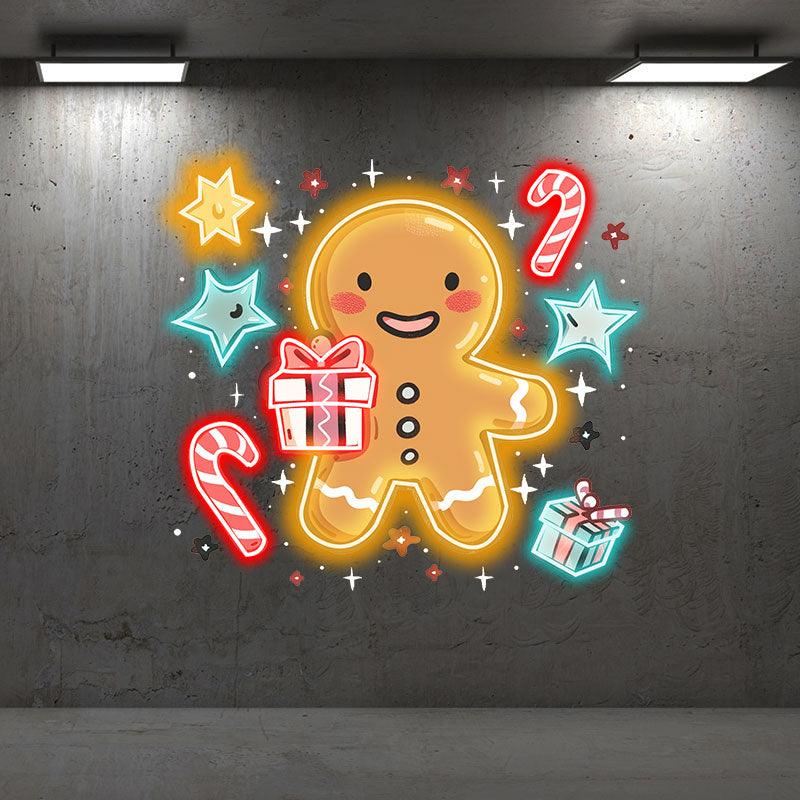 Sparkling Holiday : neon signs Cute Yellow Gingerbread Man with Pentagram and Gifts Fantasy Decoration