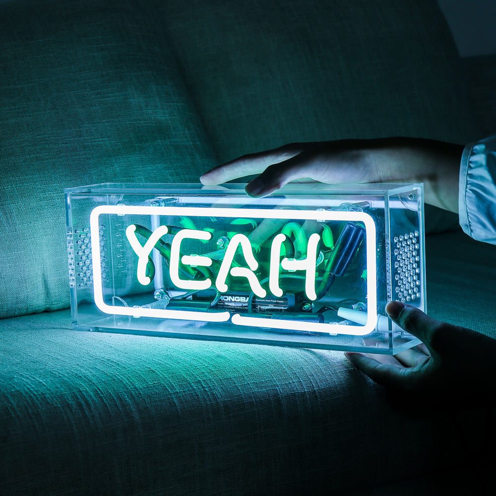 "YEAH" neon sign with green lighting,table standing glass neon tube sign box