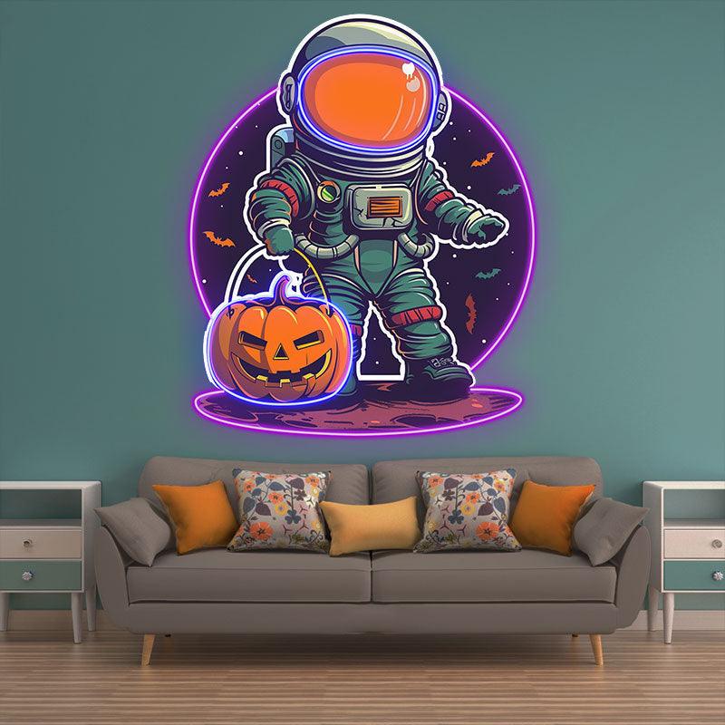 Astronaut Carrying Pumpkin Lights LED Neon signs | Purple Bat Glass Bubble Background Decorative Lights | Creative Halloween Home Lighting