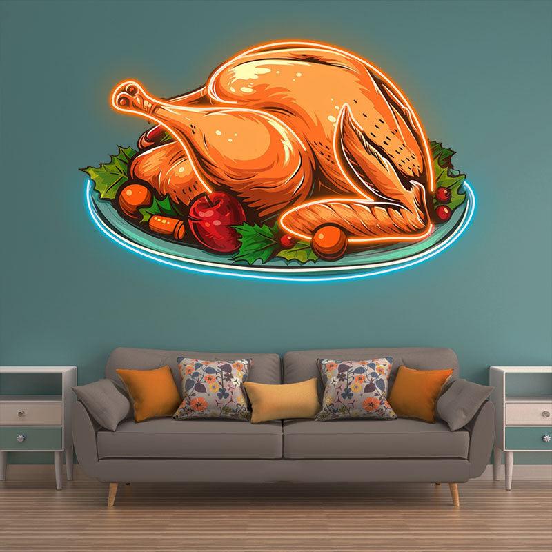 Bountiful Thanksgiving: golden turkey served on a platter for a delicious feast neon signs