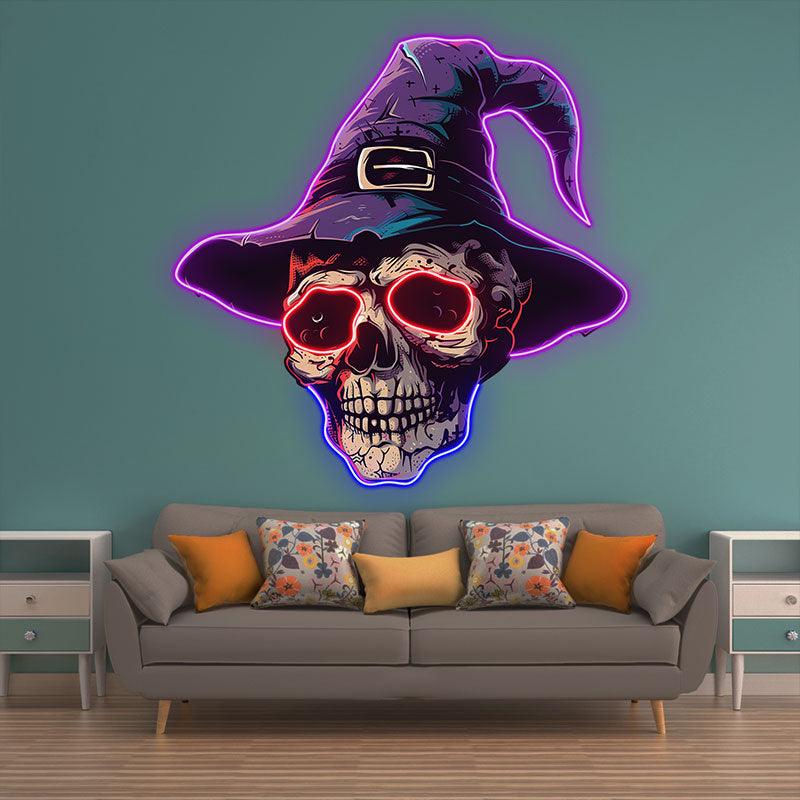 Spooky Skeleton in Wizard Hat and Glasses: Neon signs Halloween Decor for a Magical Touch!
