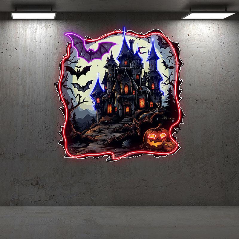 Haunted Castle with Bats and Jack-o’-Lanterns | Spooky Halloween Decor for an Enchanting Night neon signs