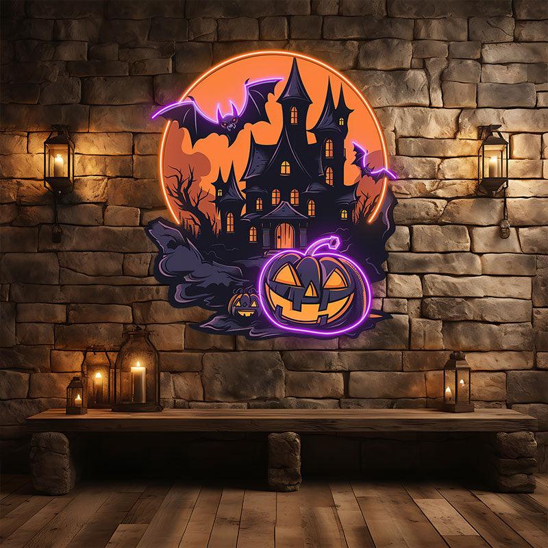 Dark Castle Halloween Neon signs Light | Spooky Moonlit Scene with Bats and Jack-o’-Lanterns Decoration