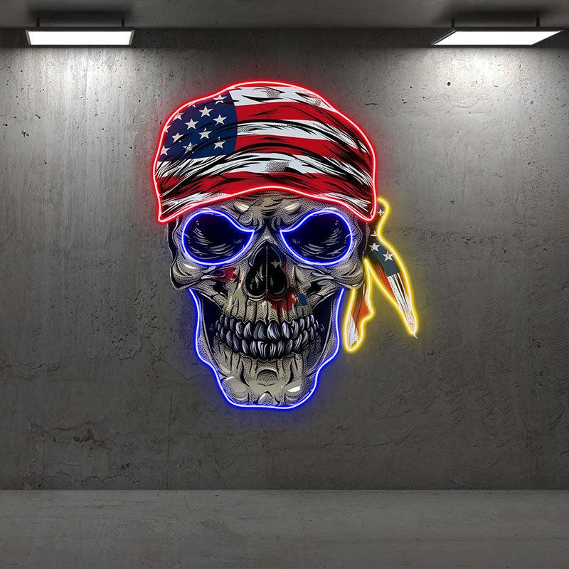 Patriotic Skull Halloween Neon signs Light with American Flag Bandana – Spooky & Festive Decor!