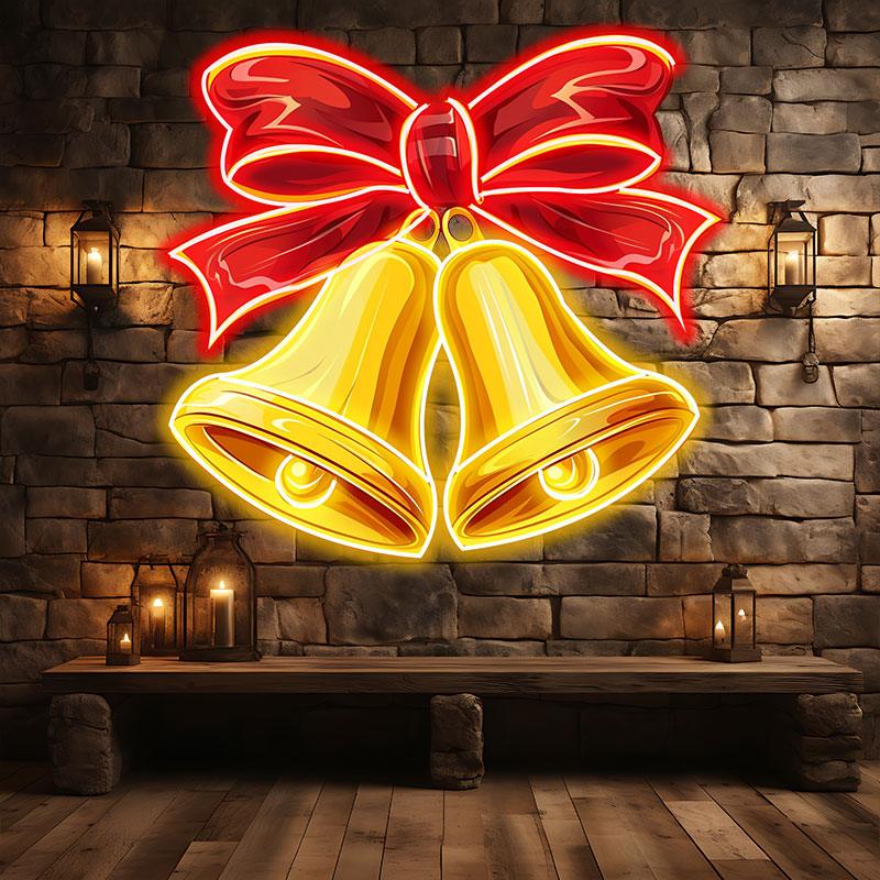Christmas Bells Neon signs | Red Bow Tie Decoration | Happiness & Joy LED Lights Decoration | Perfect Holiday Gifts