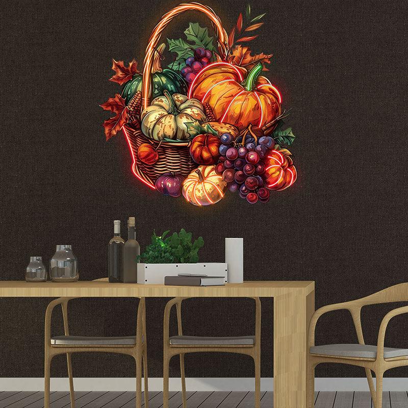 Thanksgiving Harvest Basket:neon signs a cozy combination of pumpkins, grapes and maple leaves
