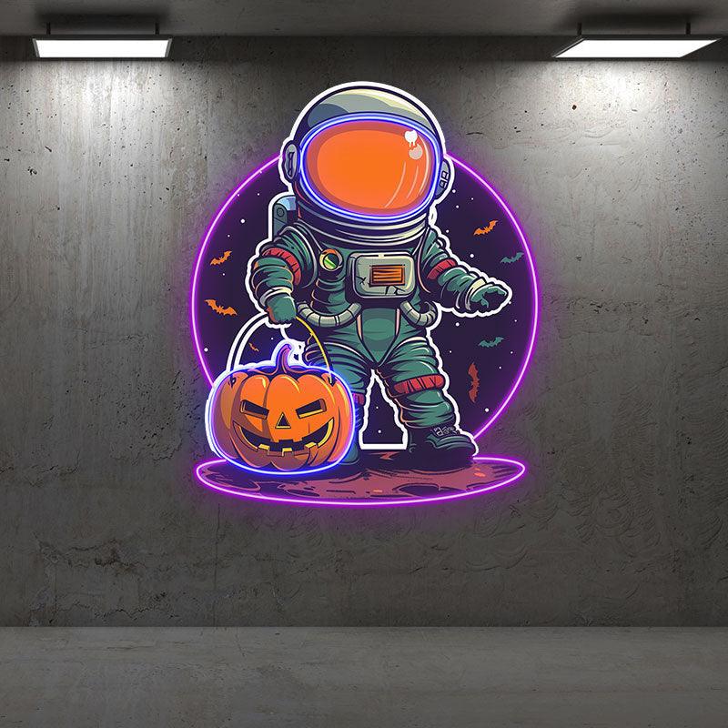 Astronaut Carrying Pumpkin Lights LED Neon signs | Purple Bat Glass Bubble Background Decorative Lights | Creative Halloween Home Lighting