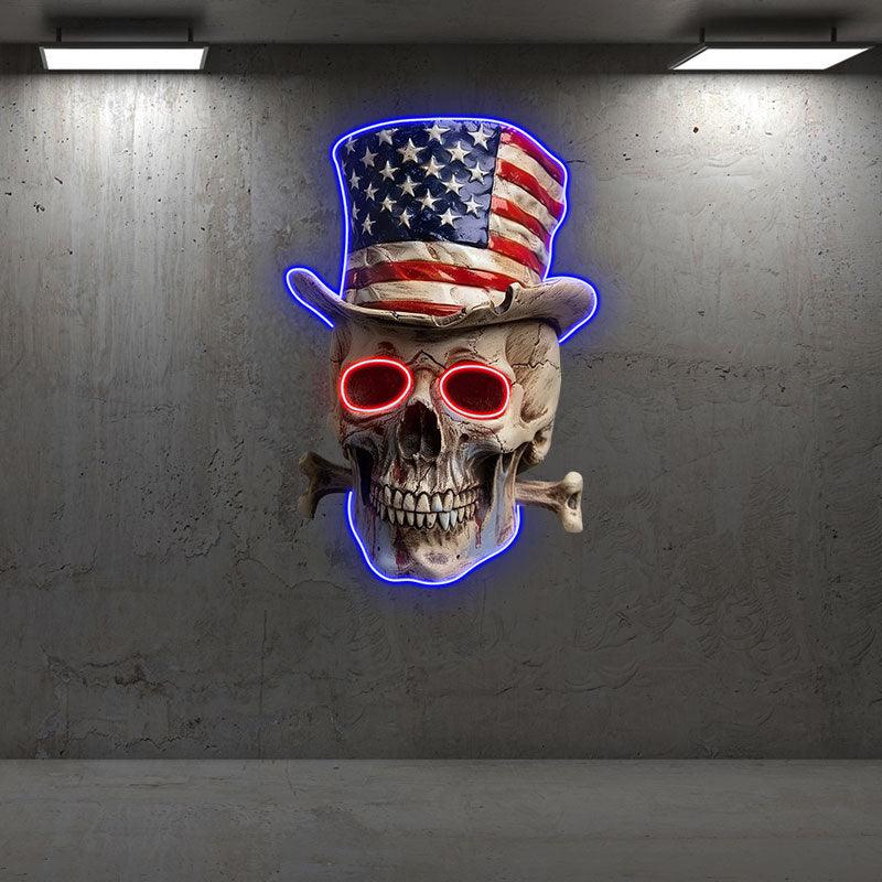 Patriotic Skull Wearing an American Flag Hat: neon signs A Bold and Unique Decoration!