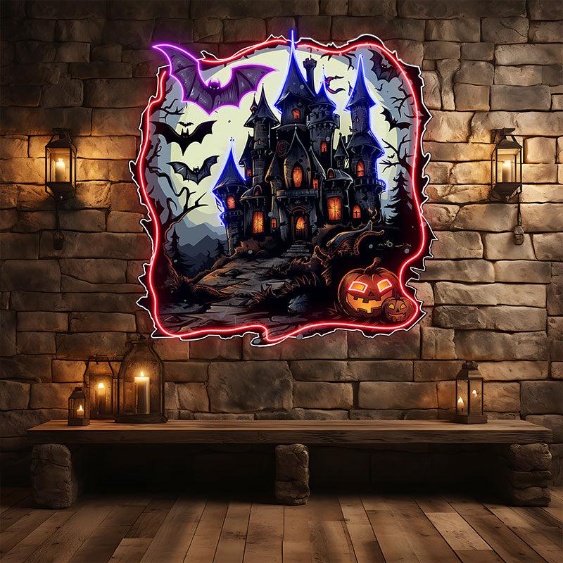 Haunted Castle with Bats and Jack-o’-Lanterns | Spooky Halloween Decor for an Enchanting Night neon signs