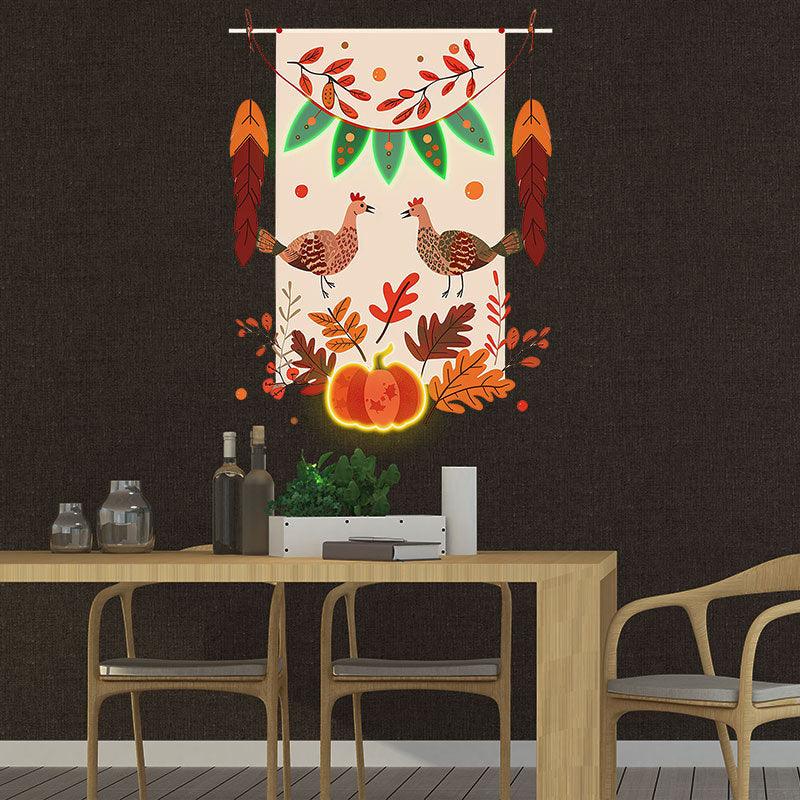 Thanksgiving Tinsel neon signs- Two Turkeys in Love, Surrounded by the Cozy Vibe of Pumpkins and Maple Leaves