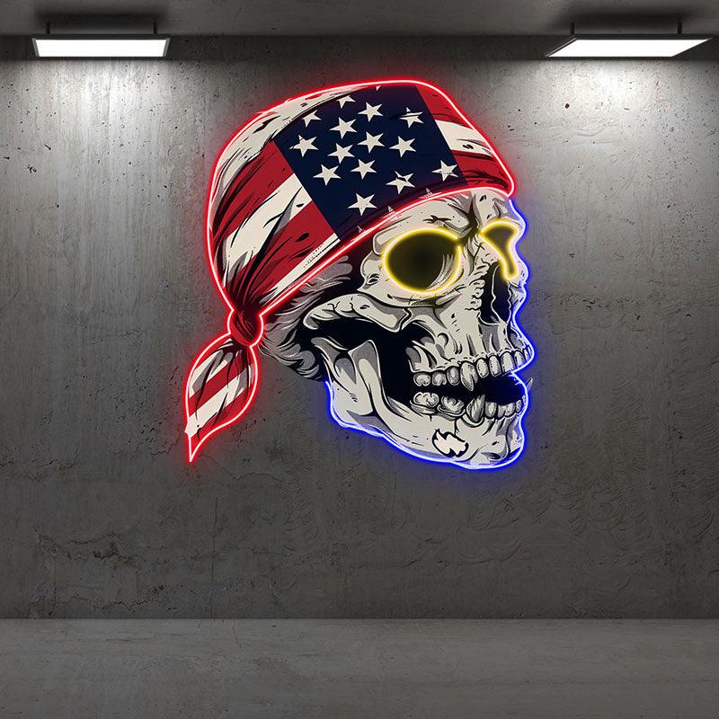 Side View Neon signs Light of a Skull Wearing an American Flag Bandana: A Spooky and Patriotic Decor!