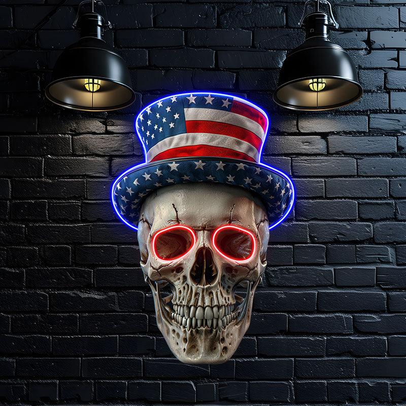 Smiling Skull with American Flag Hat and Glasses: neon signs A Fun and Patriotic Decor!