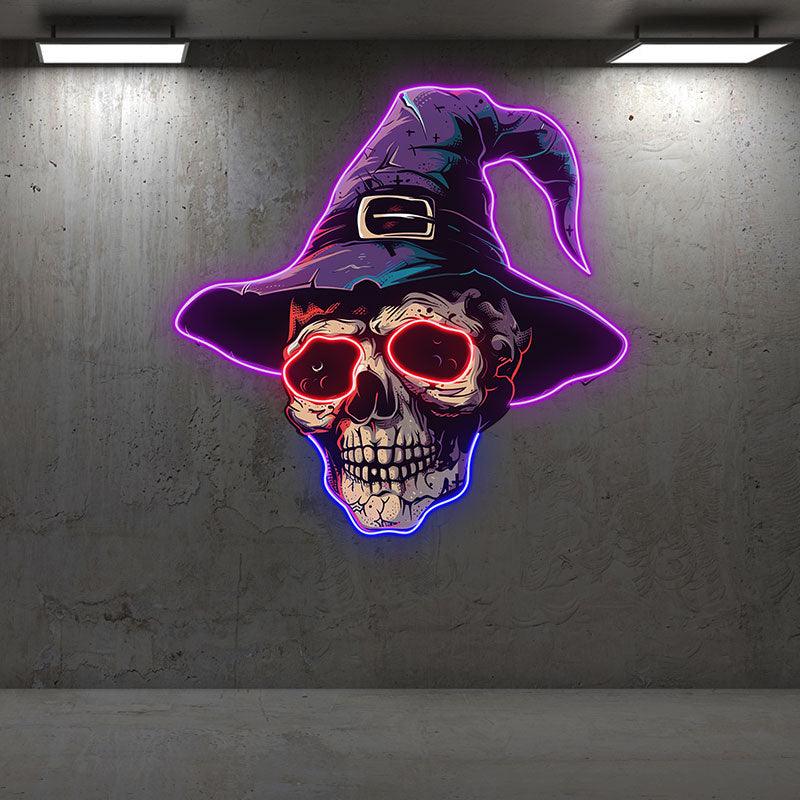Spooky Skeleton in Wizard Hat and Glasses: Neon signs Halloween Decor for a Magical Touch!