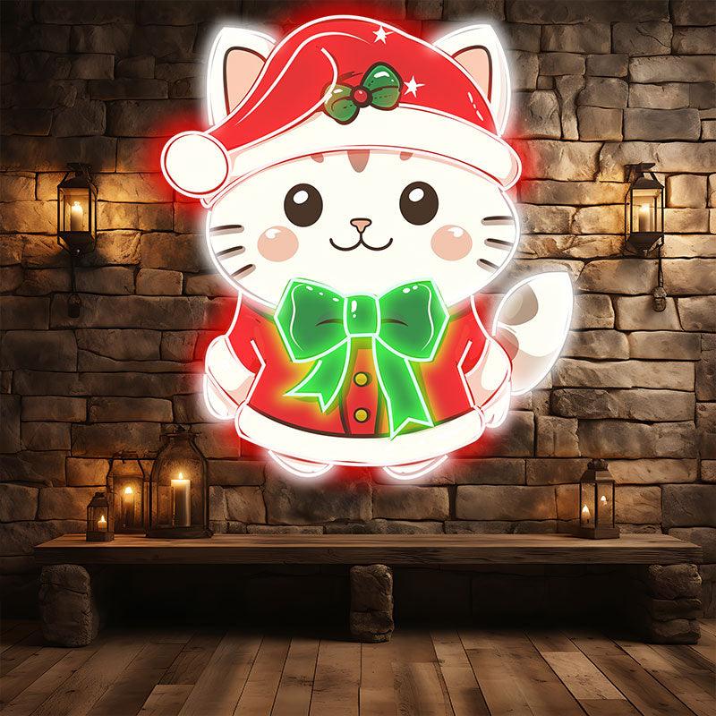 Cute Christmas cat neon signs: wearing a red dress and a green bow tie, bringing holiday joy and coziness