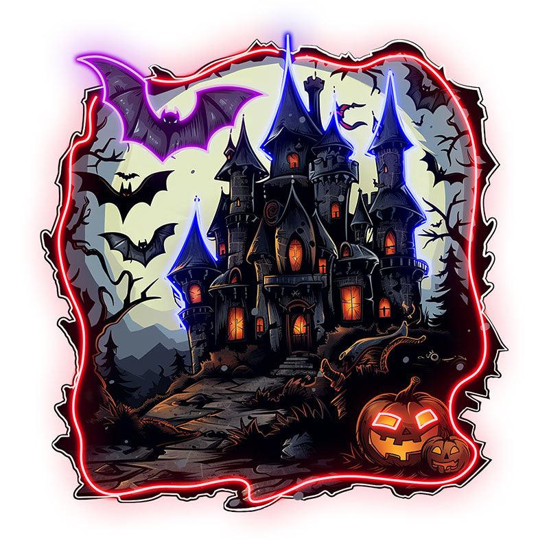 Haunted Castle with Bats and Jack-o’-Lanterns | Spooky Halloween Decor for an Enchanting Night neon signs
