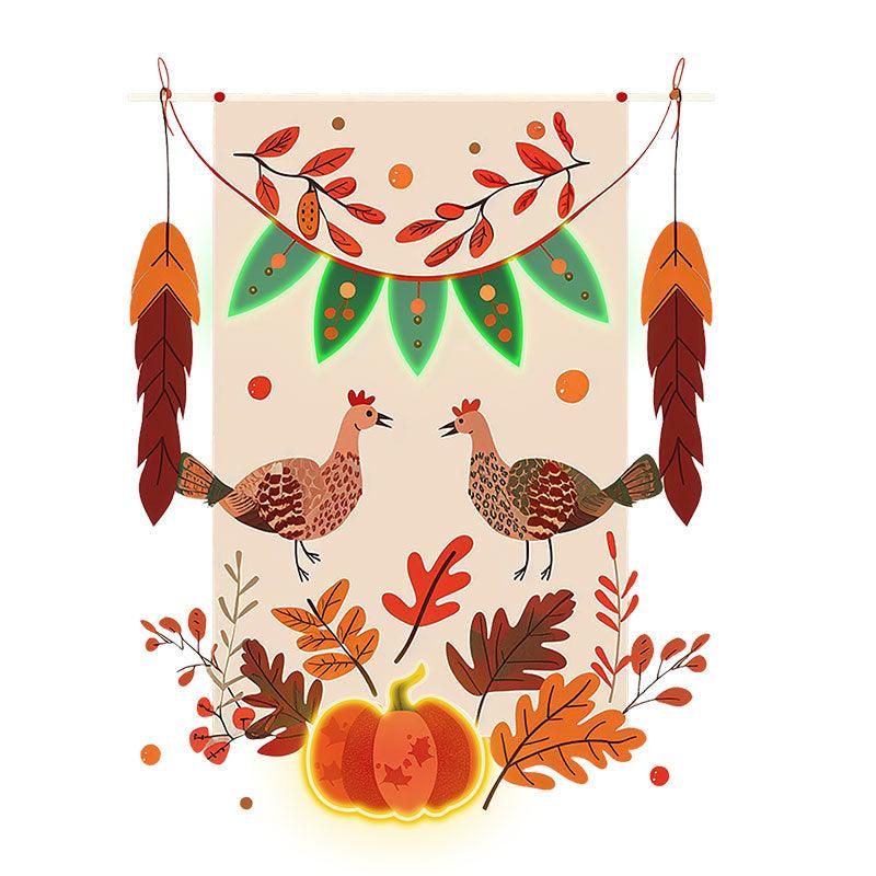 Thanksgiving Tinsel neon signs- Two Turkeys in Love, Surrounded by the Cozy Vibe of Pumpkins and Maple Leaves