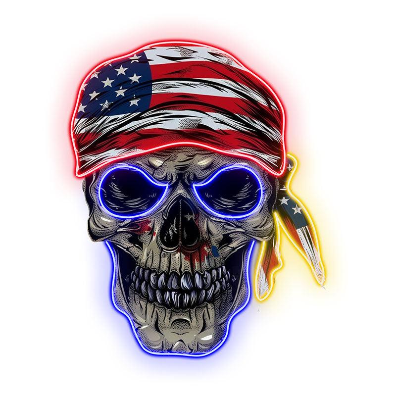 Patriotic Skull Halloween Neon signs Light with American Flag Bandana – Spooky & Festive Decor!