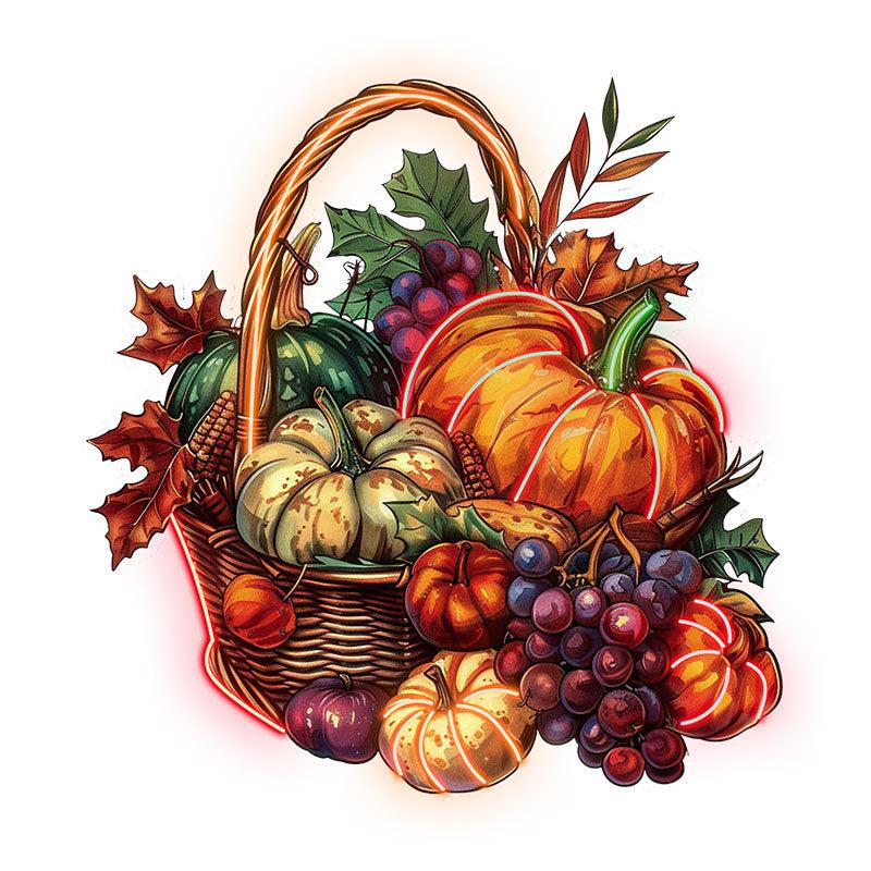 Thanksgiving Harvest Basket:neon signs a cozy combination of pumpkins, grapes and maple leaves
