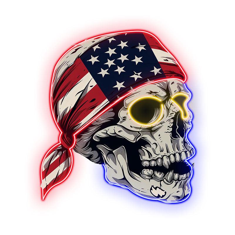 Side View Neon signs Light of a Skull Wearing an American Flag Bandana: A Spooky and Patriotic Decor!