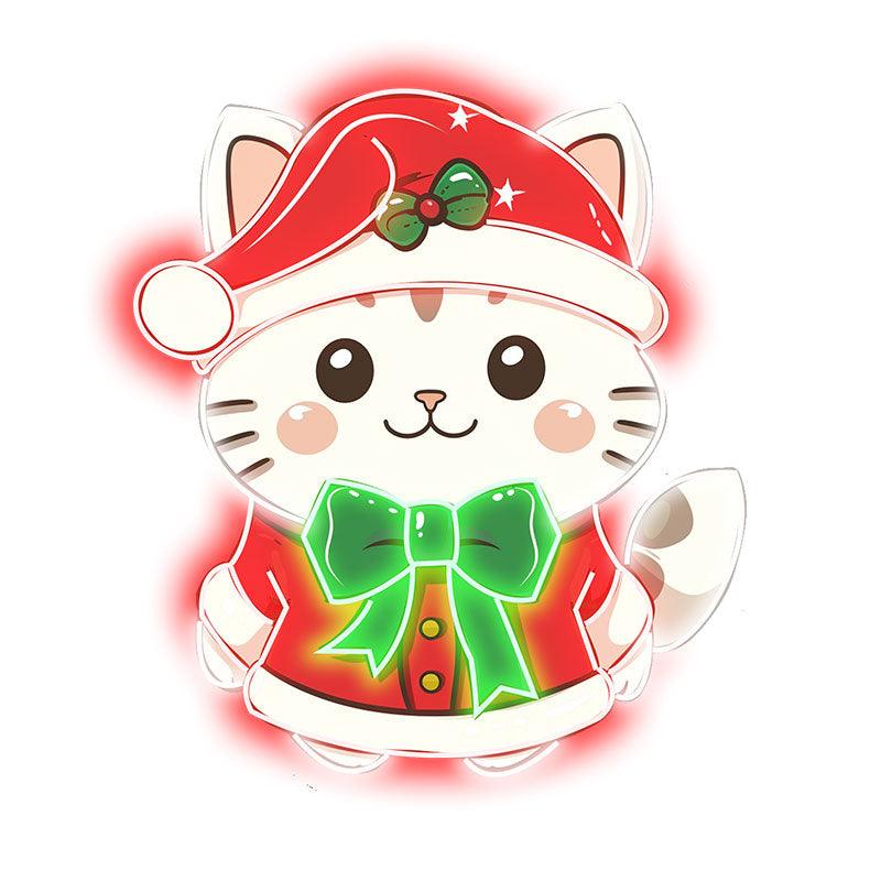 Cute Christmas cat neon signs: wearing a red dress and a green bow tie, bringing holiday joy and coziness