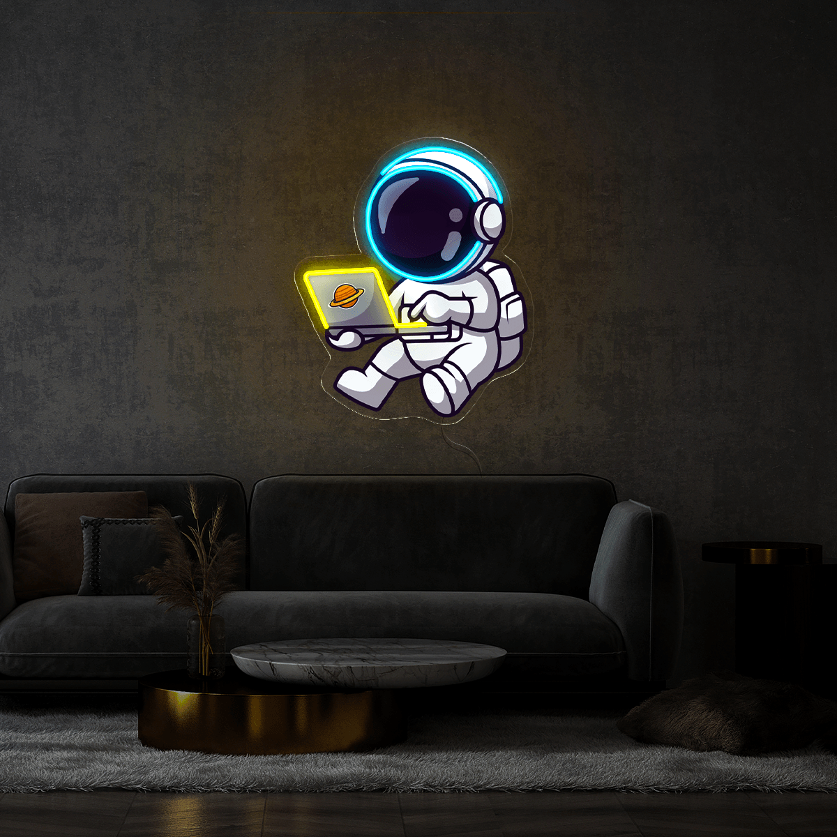 Cute Astronaut Working On Laptop In Space Artwork Led Neon Sign