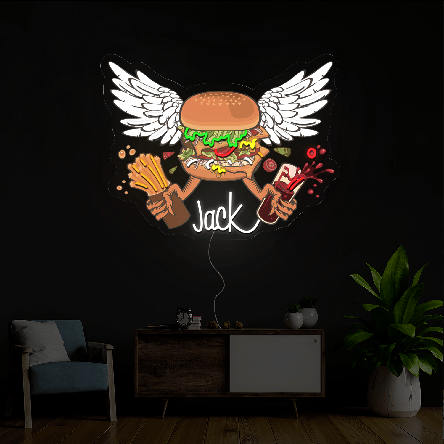 Personalized Burger Wings Name Artwork Neon Sign