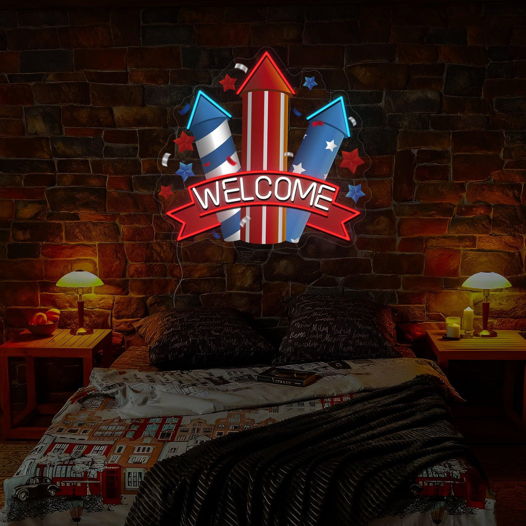 Welcome Americana Bottle Rocket Artwork Neon Sign