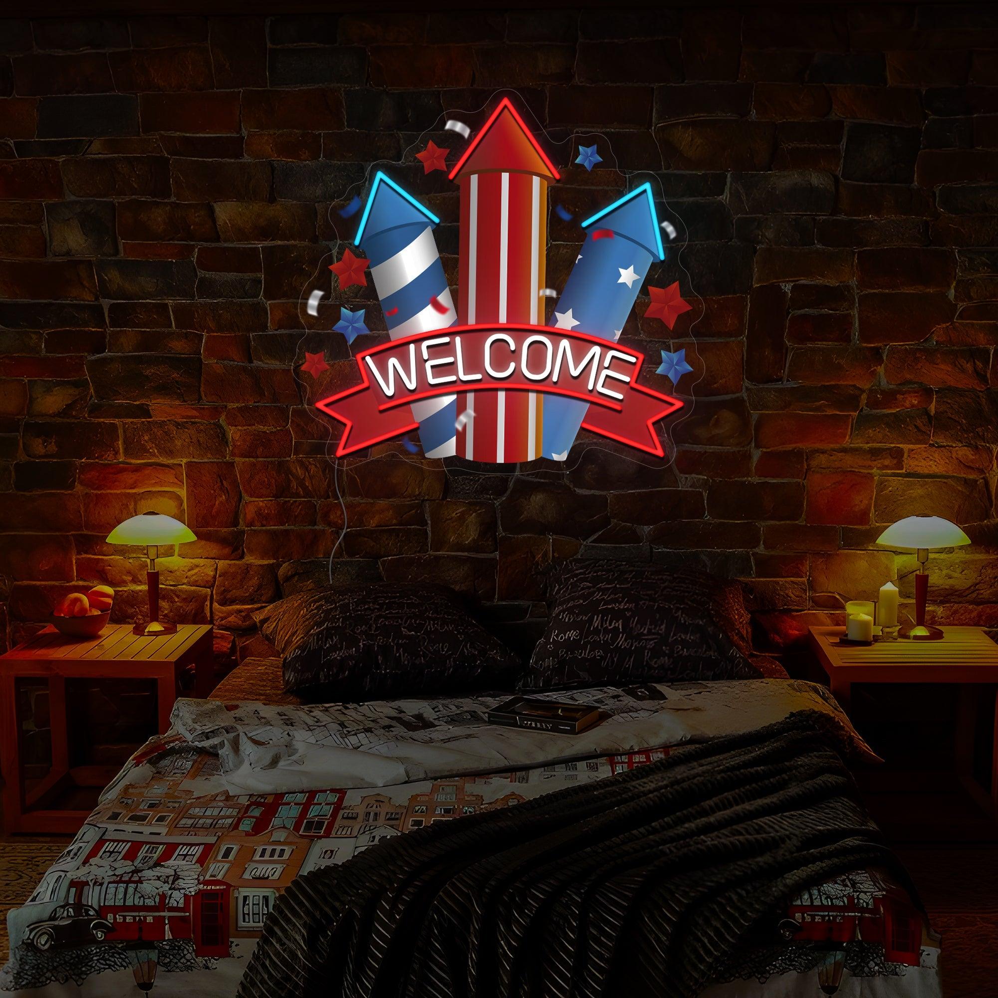 Welcome Americana Bottle Rocket Artwork Neon Sign