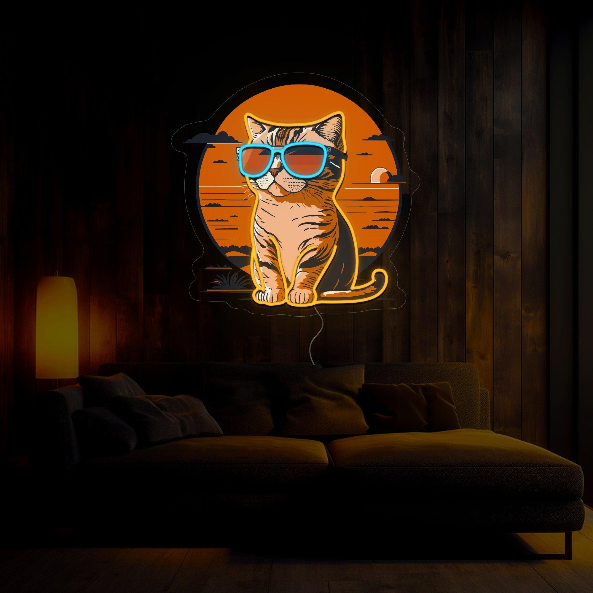 Sunset With Kitten Artwork Neon Sign